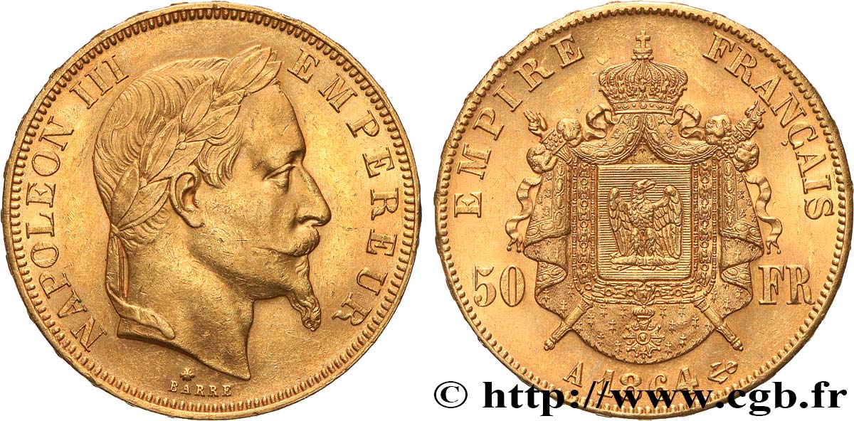 50 francs or Napoléon III, tête laurée 1864 Paris F.548/4 SUP 