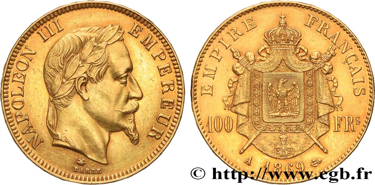 100 francs or Napoléon III, tête laurée 1869 Paris F.551/12 VZ 