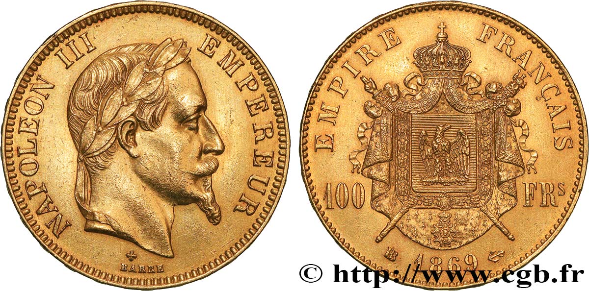 100 francs or Napoléon III, tête laurée 1869 Strasbourg F.551/13 SUP 