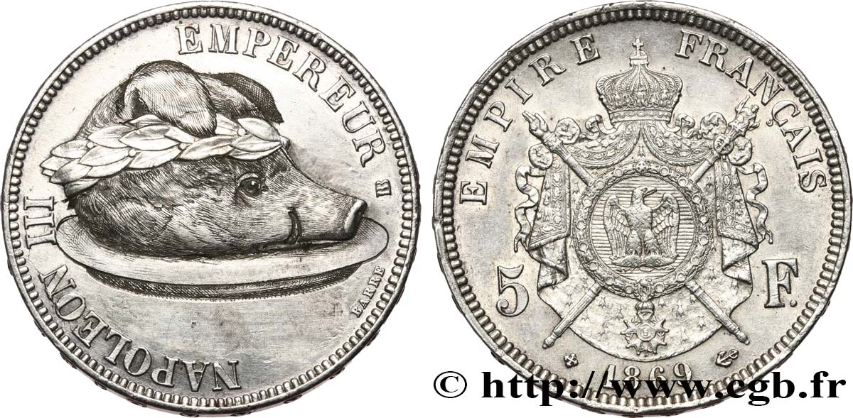 Monnaie satirique, 5 francs Napoléon III tête laurée, regravée (probablement postérieur à 1870) 1869 Strasbourg F.331/15 var. q.SPL 