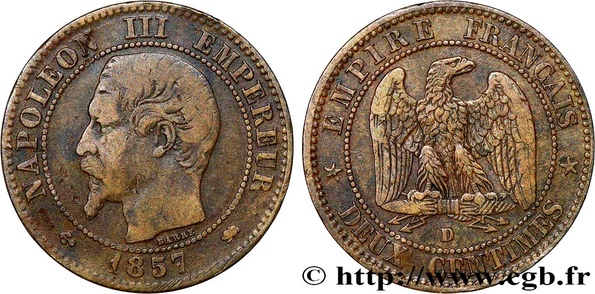 Deux centimes Napoléon III, tête nue, petit D et petit lion 1857 Lyon F.107/48 BC30 