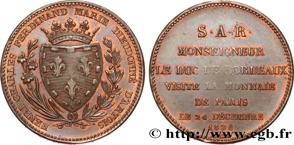 Monnaie de visite, module de 5 francs, pour le duc de Bordeaux à la Monnaie de Paris 1828 Paris VG.2658  SPL/q.SPL 