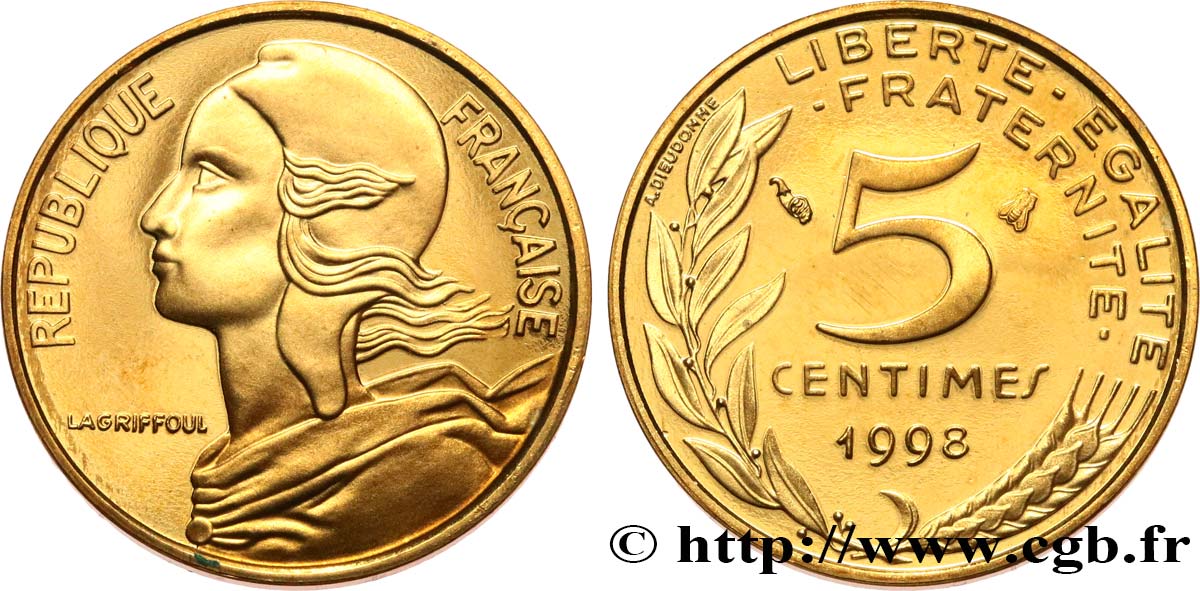 5 centimes Marianne, BE (Belle Épreuve), 4 plis 1998 Pessac F.125/41 var. FDC 