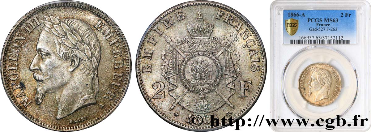 2 francs Napoléon III, tête laurée 1866 Paris F.263/2 SPL63 PCGS