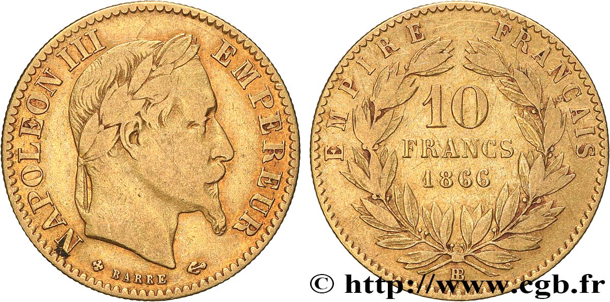 10 francs or Napoléon III, tête laurée 1866 Strasbourg F.507A/13 VF 