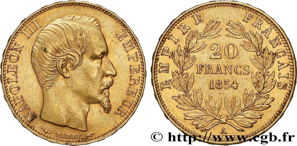 20 francs or Napoléon III, tête nue 1854 Paris F.531/2 MBC50 