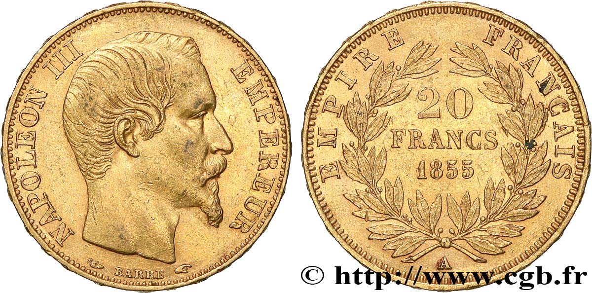 20 francs or Napoléon III, tête nue 1855 Paris F.531/3 SS50 