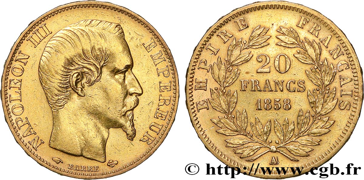 20 francs or Napoléon III, tête nue 1858 Paris F.531/13 BB 