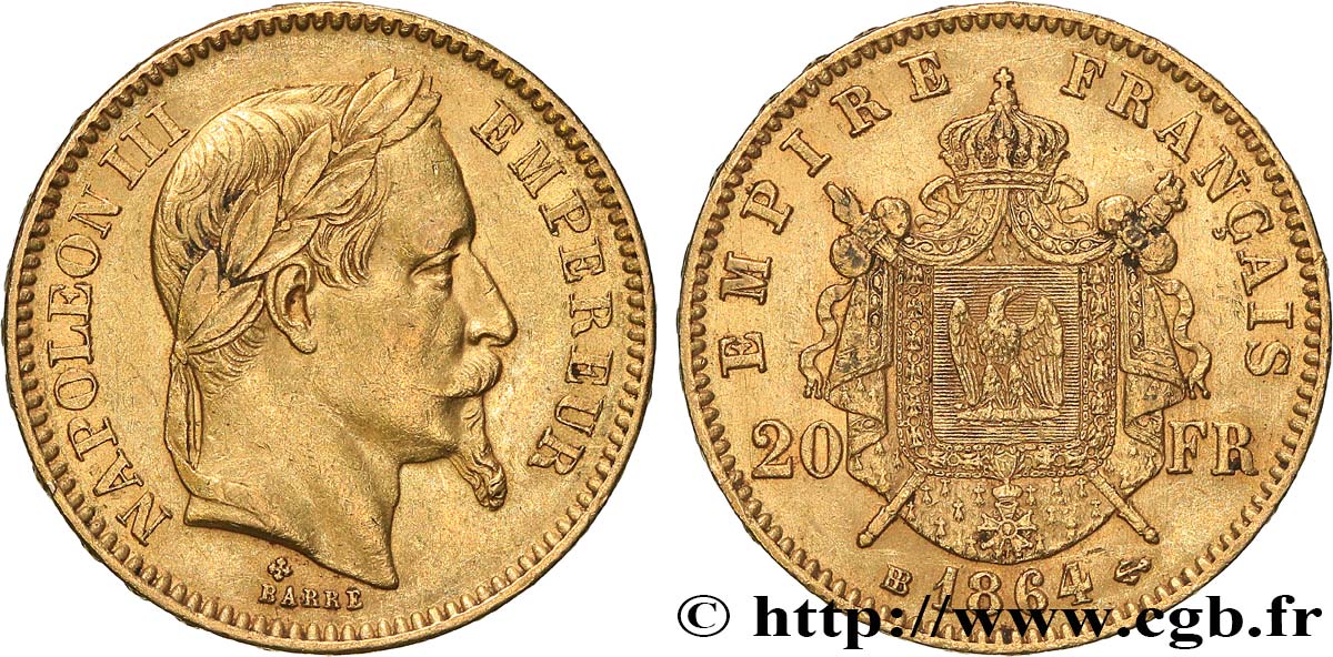 20 francs or Napoléon III, tête laurée 1864 Strasbourg F.532/9 BB 