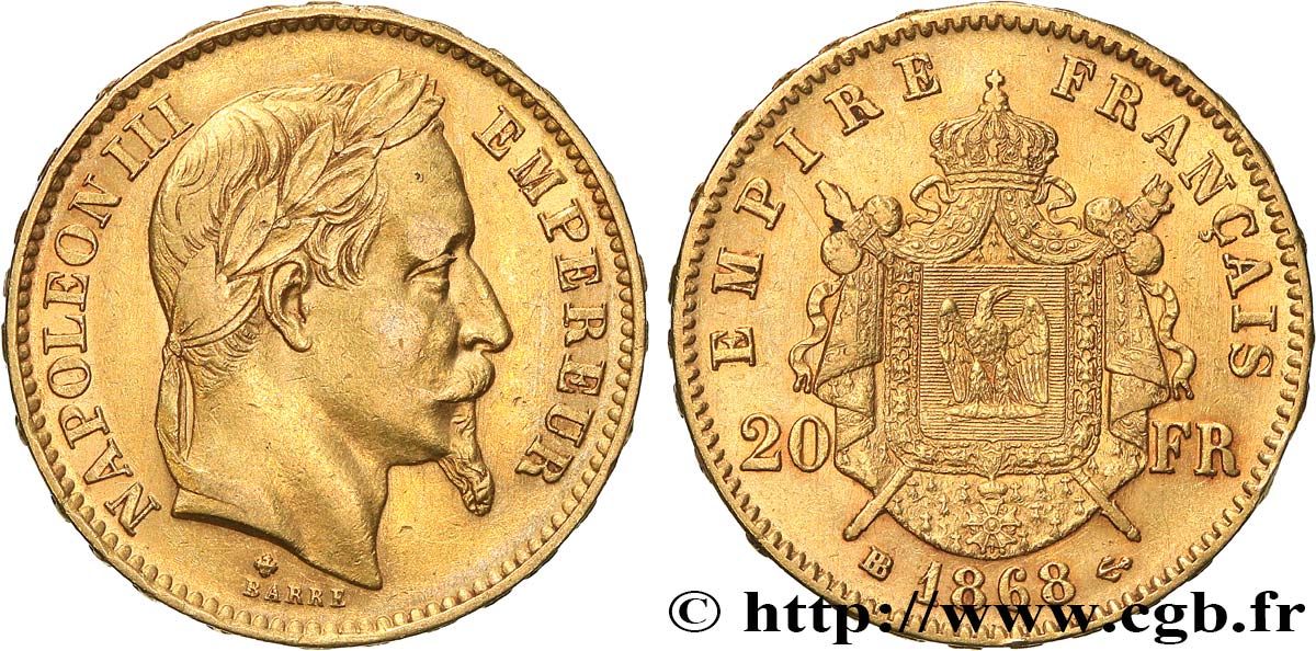 20 francs or Napoléon III, tête laurée 1868 Strasbourg F.532/19 BB 