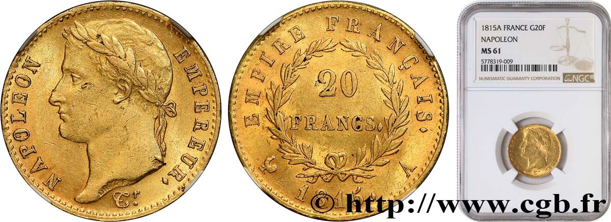 20 francs or Napoléon tête laurée, Cent-Jours 1815 Paris F.516A/1 EBC61 NGC