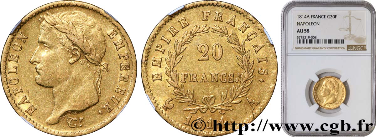 20 francs or Napoléon tête laurée, Empire français 1814 Paris F.516/39 AU58 NGC