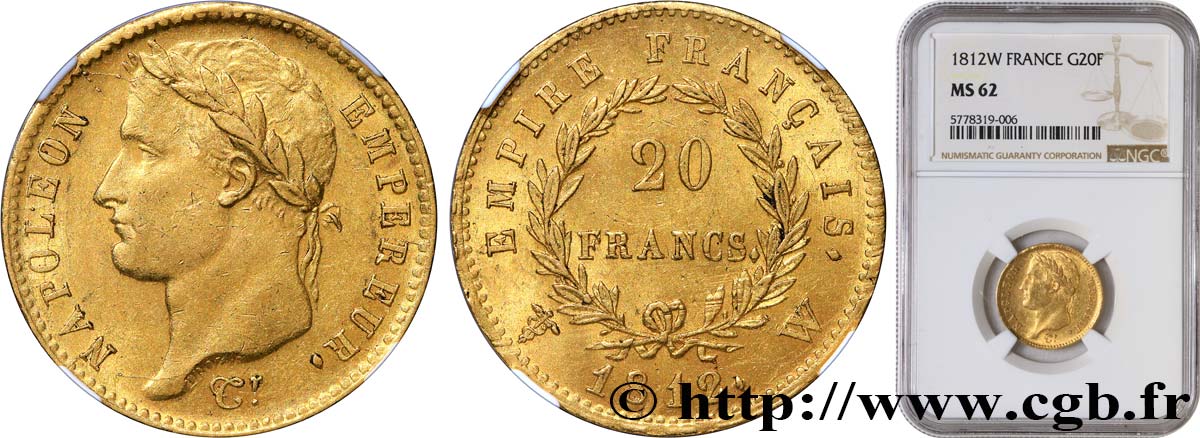 20 francs or Napoléon tête laurée, Empire français 1812 Lille F.516/29 MS62 NGC