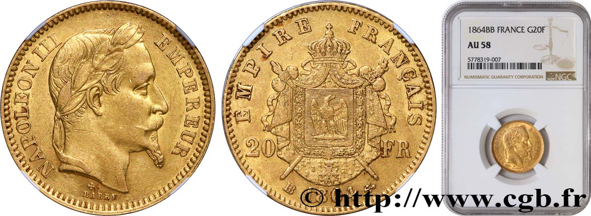 20 francs or Napoléon III, tête laurée 1864 Strasbourg F.532/10 AU58 NGC