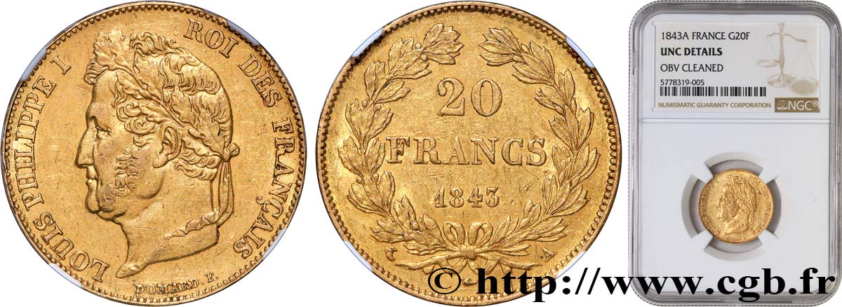 20 francs or Louis-Philippe, Domard 1843 Paris F.527/29 EBC+ NGC