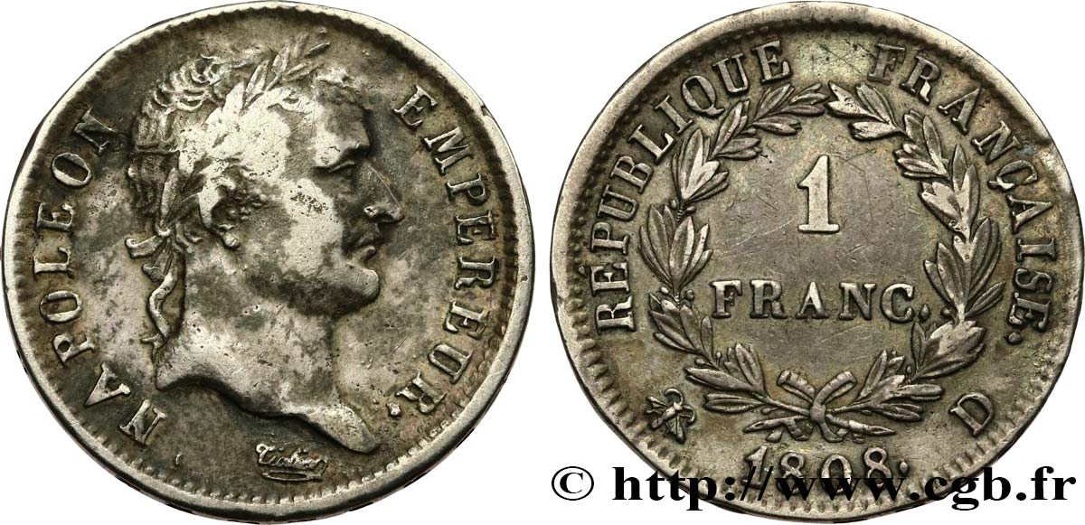 1 franc Napoléon Ier tête laurée, République française 1808 Lyon F.204/5 S25 