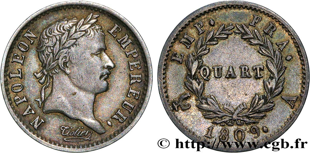 Quart (de franc) Napoléon Ier tête laurée, Empire français 1809 Paris F.162/1 SS45 