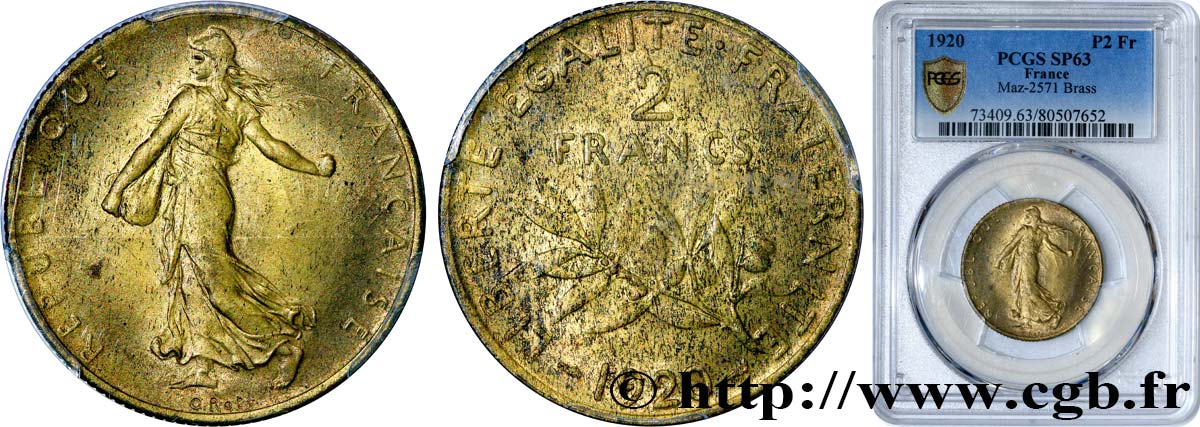Épreuve de 2 francs Semeuse en cupro-aluminium 1920  GEM.111 3 MS63 PCGS
