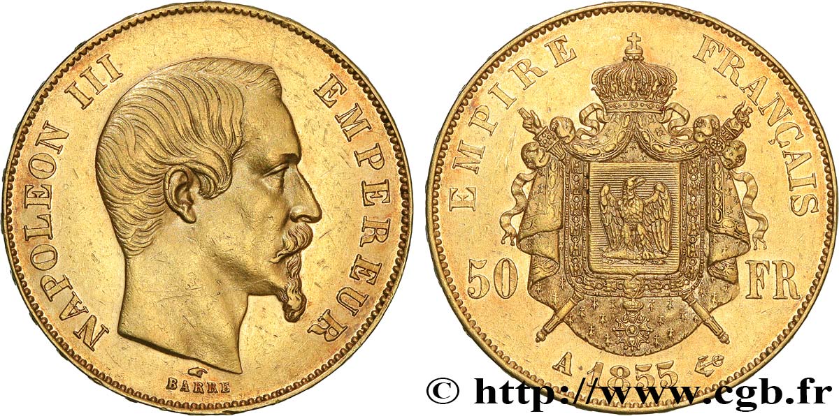 50 francs or Napoléon III, tête nue 1855 Paris F.547/1 SUP55 