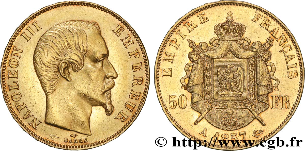 50 francs or Napoléon III, tête nue 1857 Paris F.547/4 SUP55 