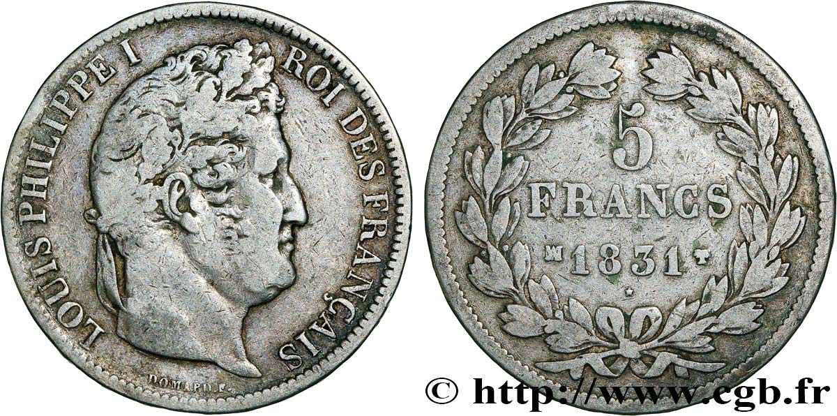 5 francs Ier type Domard, tranche en relief 1831 Marseille F.320/10 TB 