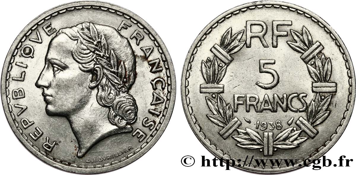 5 francs Lavrillier, nickel 1938  F.336/7 XF 