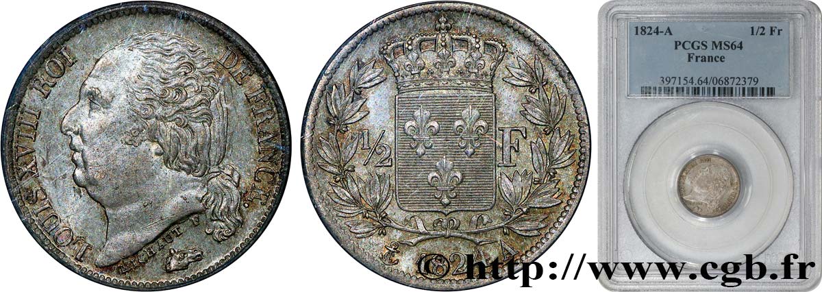 1/2 franc Louis XVIII 1824 Paris F.179/43 MS64 PCGS