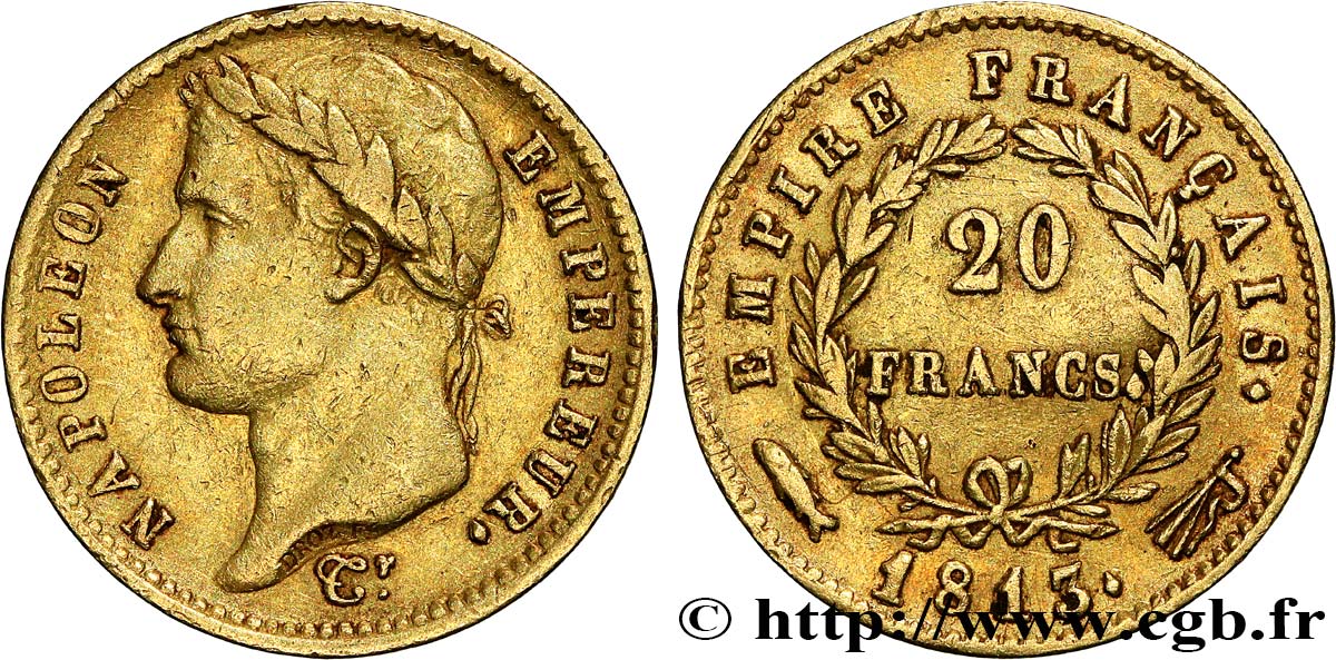 20 francs or Napoléon tête laurée, Empire français 1813 Utrecht F.516/37 SS 