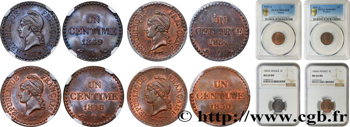 Lot de quatre pièces de Un centime Dupré, IIe République n.d. Paris F.101/1 SPL64 PCGS
NGC