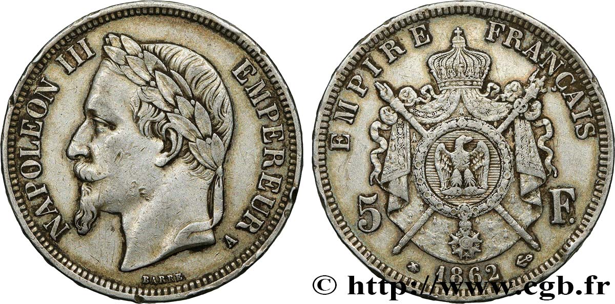 5 francs Napoléon III, tête laurée 1862 Paris F.331/3 XF40 