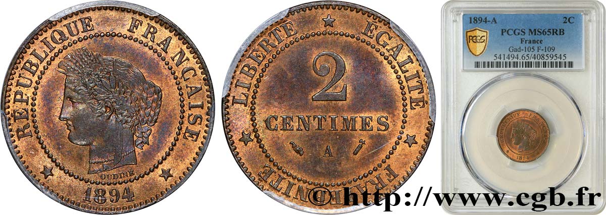 2 centimes Cérès 1894 Paris F.109/20 MS65 PCGS