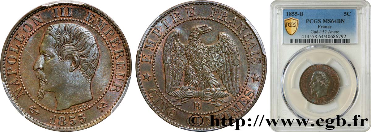 Cinq centimes Napoléon III, tête nue 1855 Rouen F.116/19 SC64 PCGS