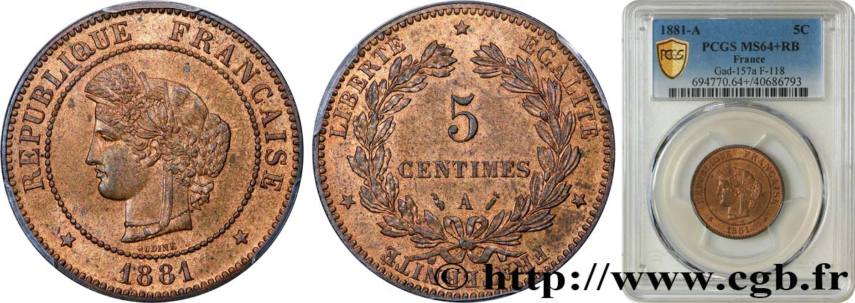 5 centimes Cérès 1881 Paris F.118/22 SC64 PCGS