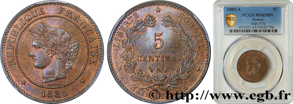 5 centimes Cérès 1885 Paris F.118/27 ST65 PCGS