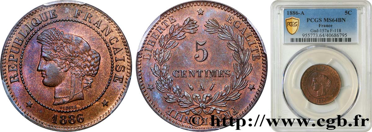 5 centimes Cérès 1886 Paris F.118/28 fST64 PCGS