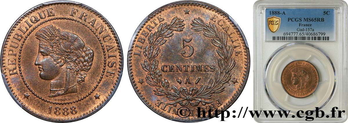 5 centimes Cérès 1888 Paris F.118/30 ST65 PCGS