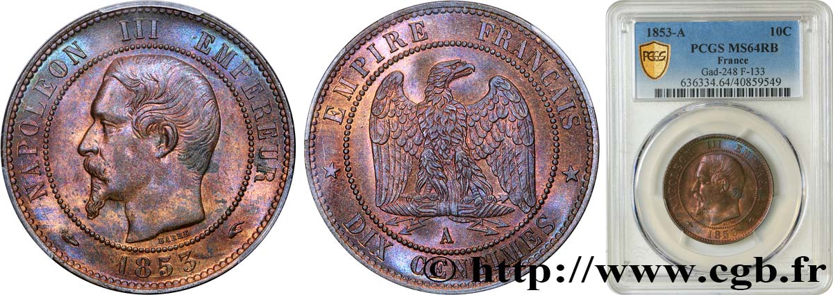 Dix centimes Napoléon III, tête nue 1853 Paris F.133/2 MS64 PCGS