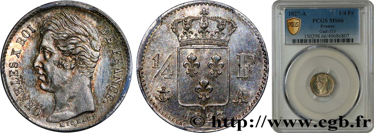 1/4 franc Charles X 1827 Paris F.164/10 FDC66 PCGS