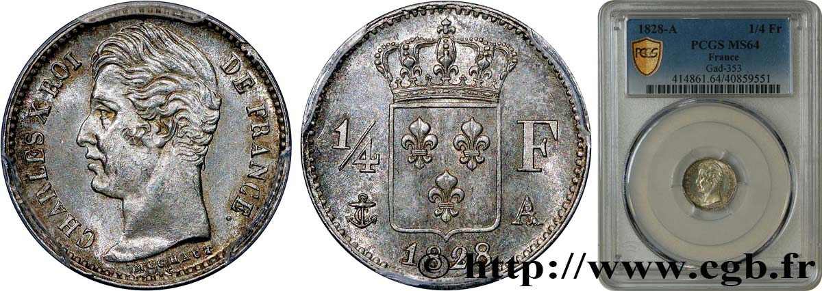 1/4 franc Charles X 1828 Paris F.164/18 SC64 PCGS