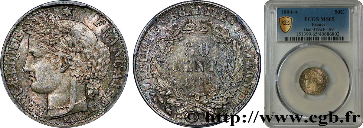 50 centimes Cérès, Troisième République 1894 Paris F.189/15 ST65 PCGS