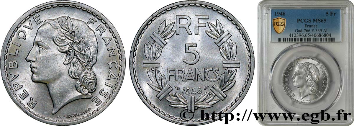 5 francs Lavrillier, aluminium 1946  F.339/6 FDC65 PCGS