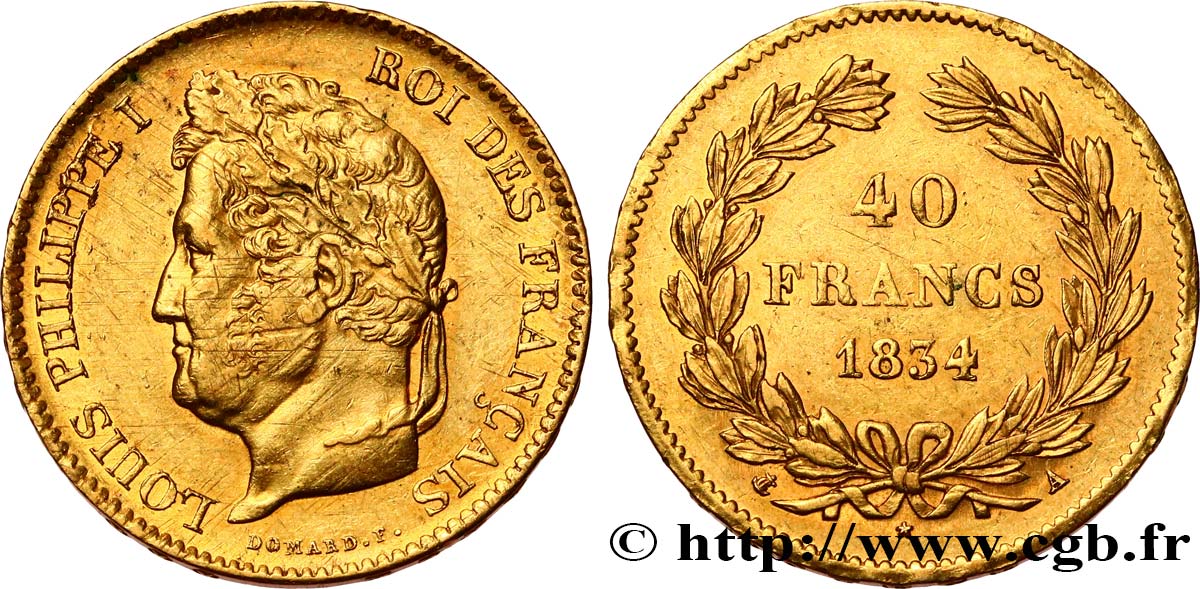 40 francs or Louis-Philippe 1834 Paris F.546/6 MBC 