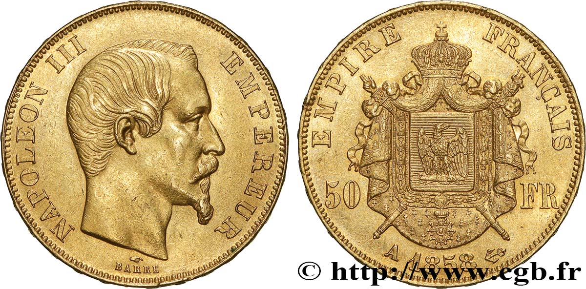 50 francs or Napoléon III, tête nue 1858 Paris F.547/5 AU55 