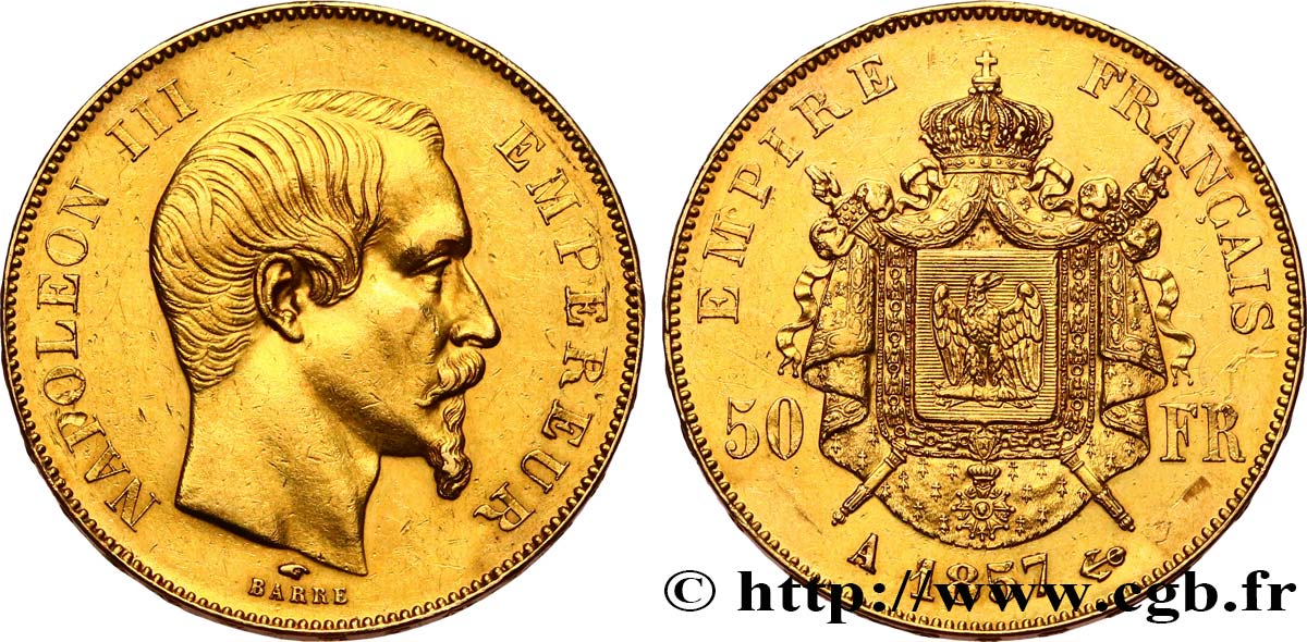 50 francs or Napoléon III, tête nue 1857 Paris F.547/4 AU 