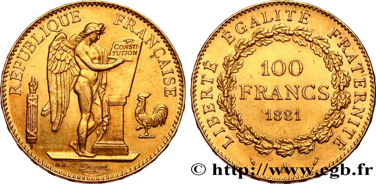 100 francs or Génie, tranche inscrite en relief Dieu protège la France 1881 Paris F.552/4 SUP55 