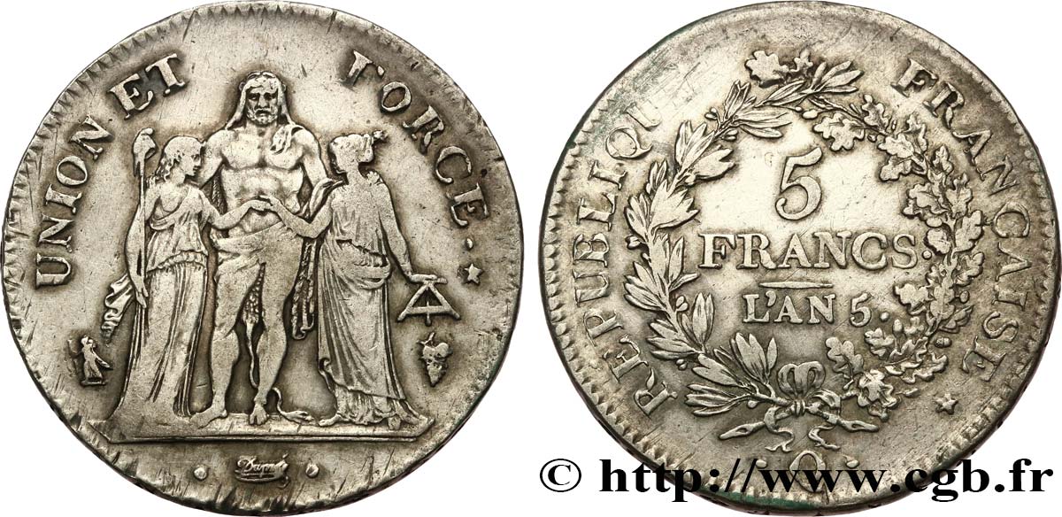 5 francs Union et Force, Union serré, seulement gland extérieur 1797 Perpignan F.288/26 TB+ 