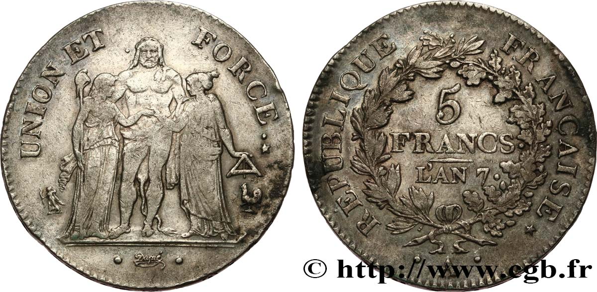 5 francs Union et Force, Union serré, seulement gland extérieur, petite feuille 1799 Paris F.288/99 S35 