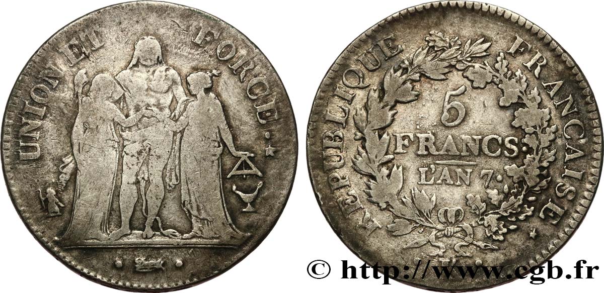 5 francs Union et Force, Union serré, seulement gland extérieur, petite feuille 1799 Bordeaux F.288/109 BC20 