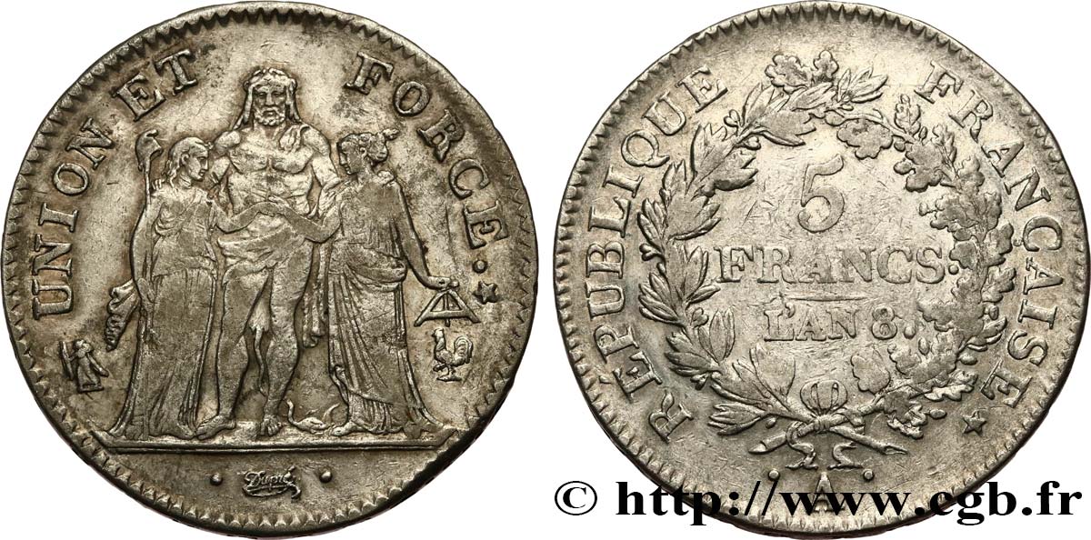 5 francs Union et Force, Union desserré, avec glands intérieurs et gland extérieur 1800 Paris F.291/30 VF35 