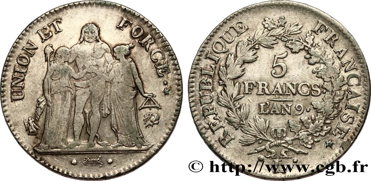 5 francs Union et Force, Union serré, avec glands intérieurs et gland extérieur 1801 Bayonne F.288/161 S35 